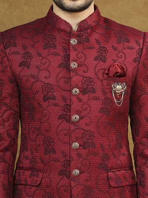 Red jacquard jodhpuri suit with floral dori work 5