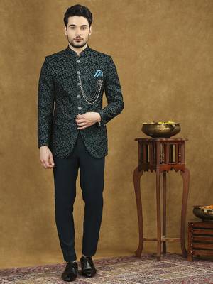 Rama green velvet jodhpuri suit with floral thread weave and sequins work 1