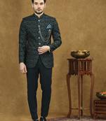 Rama green velvet jodhpuri suit with floral thread weave and sequins work