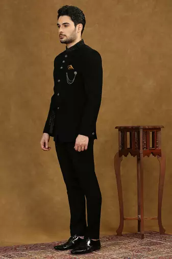 solid black jodhpuri suit with collar placement and tieable waist belt