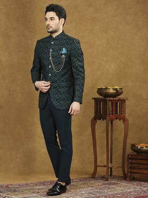 Rama green velvet jodhpuri suit with floral thread weave and sequins work 2