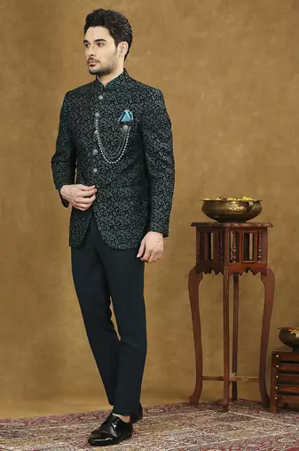 Rama green velvet jodhpuri suit with floral thread weave and sequins work