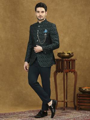 Rama green velvet jodhpuri suit with floral thread weave and sequins work 3