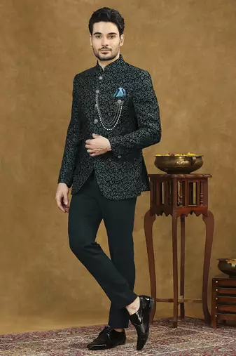 Rama green velvet jodhpuri suit with floral thread weave and sequins work