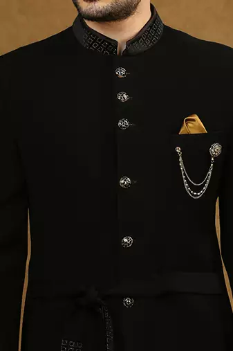solid black jodhpuri suit with collar placement and tieable waist belt