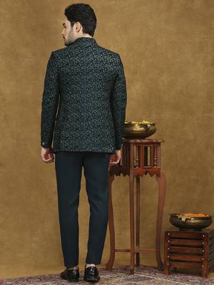 Rama green velvet jodhpuri suit with floral thread weave and sequins work 4
