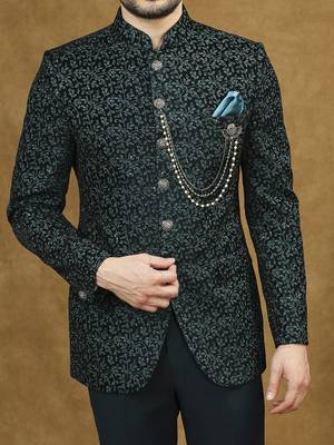 Rama green velvet jodhpuri suit with floral thread weave and sequins work 5