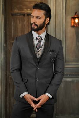 Ash grey tuxedo with black detachable lapel and camel chex waistcoat 1