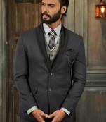 Ash grey tuxedo with black detachable lapel and camel chex waistcoat