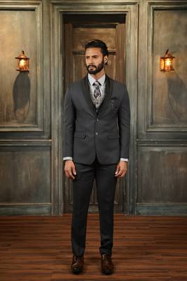 Ash grey tuxedo with black detachable lapel and camel chex waistcoat 2