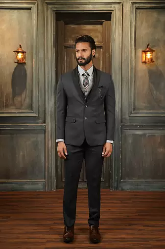 Ash grey tuxedo with black detachable lapel and camel chex waistcoat