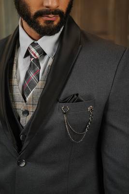 Ash grey tuxedo with black detachable lapel and camel chex waistcoat 3
