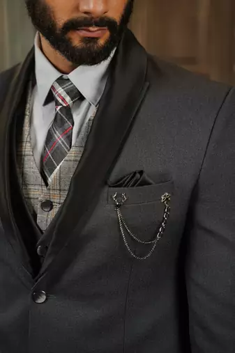 Ash grey tuxedo with black detachable lapel and camel chex waistcoat