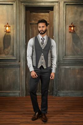 Ash grey tuxedo with black detachable lapel and camel chex waistcoat 4