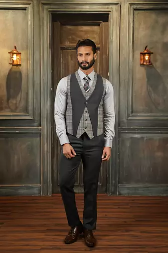 Ash grey tuxedo with black detachable lapel and camel chex waistcoat
