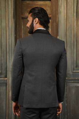 Ash grey tuxedo with black detachable lapel and camel chex waistcoat 5