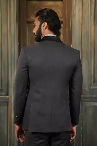 Ash grey tuxedo with black detachable lapel and camel chex waistcoat