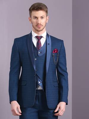 Blue self design suit with same fabric waistcoat 1