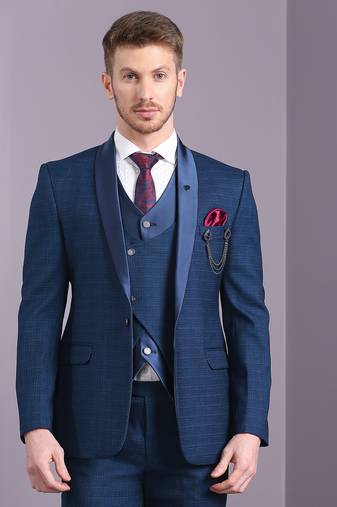 Blue self design suit with same fabric waistcoat