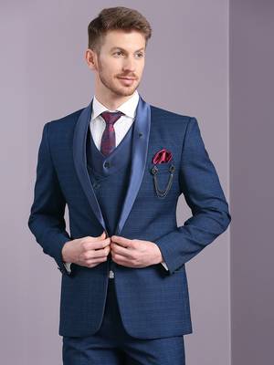Blue self design suit with same fabric waistcoat 2