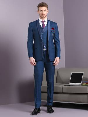Blue self design suit with same fabric waistcoat 3
