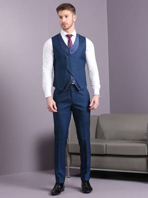 Blue self design suit with same fabric waistcoat 5