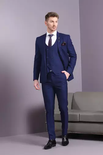 Navy blue suit with pink checks
