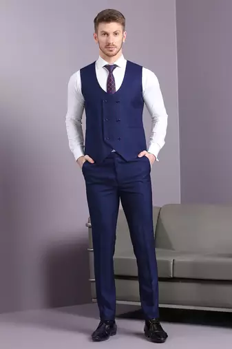 Navy blue suit with pink checks