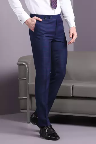 Navy blue suit with pink checks