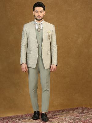 Pista green jacquard high neck suit with scarf 1
