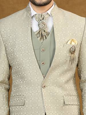 Pista green jacquard high neck suit with scarf 2