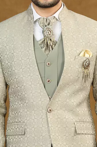 Pista green jacquard high neck suit with scarf