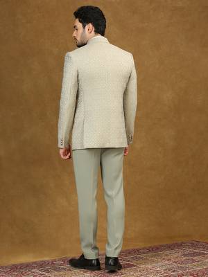 Pista green jacquard high neck suit with scarf 3