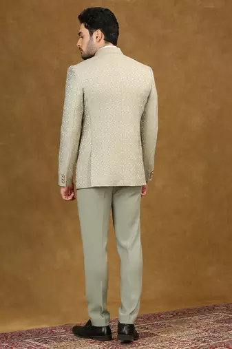 Pista green jacquard high neck suit with scarf