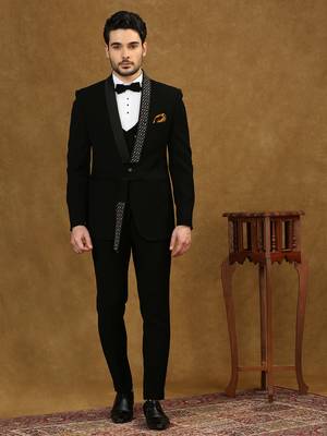 Black solid japanese fabric suit with waist belt 1