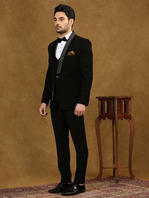 Black solid japanese fabric suit with waist belt 2