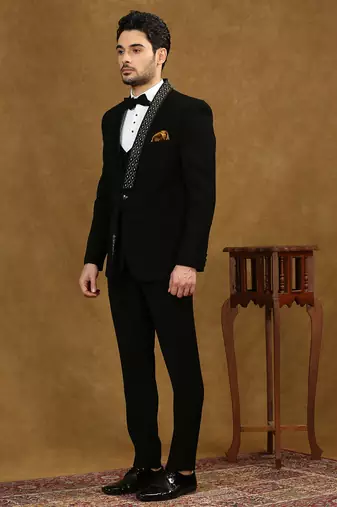 Black solid japanese fabric suit with waist belt
