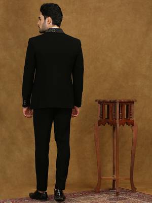 Black solid japanese fabric suit with waist belt 3
