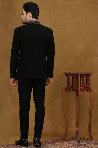 Black solid japanese fabric suit with waist belt