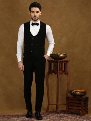 Black solid japanese fabric suit with waist belt 4