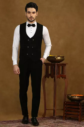 Black solid japanese fabric suit with waist belt
