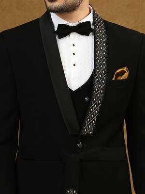 Black solid japanese fabric suit with waist belt 5