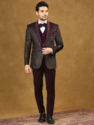 Wine velvet suit with ethnic motif jacquard 1
