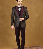 Wine velvet suit with ethnic motif jacquard