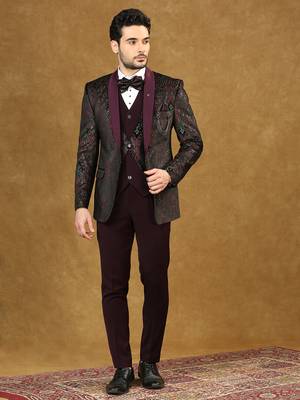Wine velvet suit with ethnic motif jacquard 2
