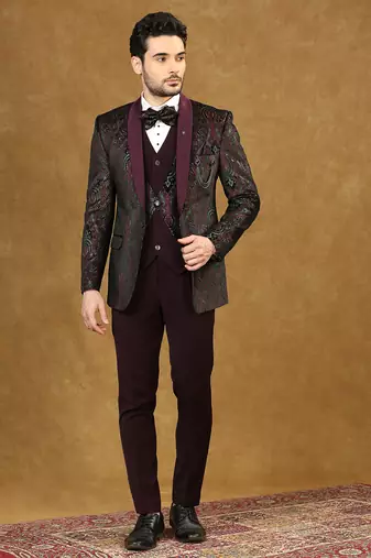 Wine velvet suit with ethnic motif jacquard