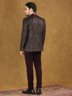 Wine velvet suit with ethnic motif jacquard 3