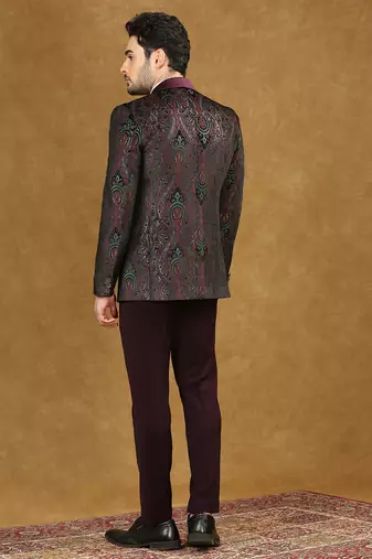Wine velvet suit with ethnic motif jacquard