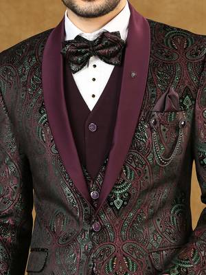 Wine velvet suit with ethnic motif jacquard 4