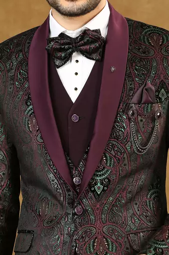 Wine velvet suit with ethnic motif jacquard